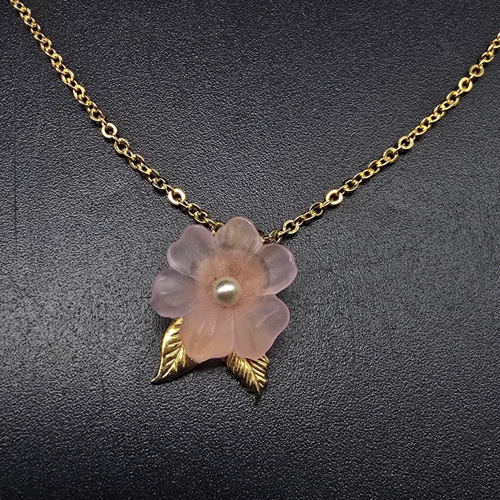 Pink Frosted Floral Pendant Necklace Gold Tone Spring Vintage Plastic Jewelry